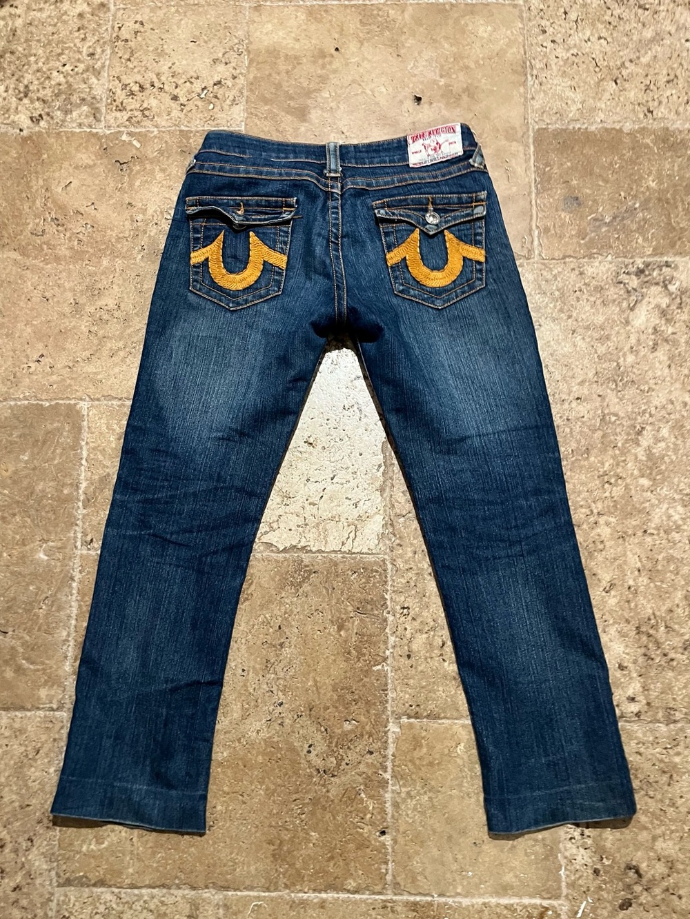 True Religion Low Rise Dark Wash Jeans Gold Horseshoe Size 29 - Picture 3 of 5